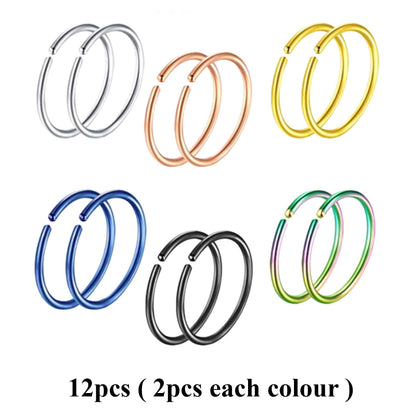 Titanium Nose Ring Hoop, Hoop Earrings - Nose Piercing 20g, 18g - Value Pack of 6 / 12 / 18 pieces - In Various Colors