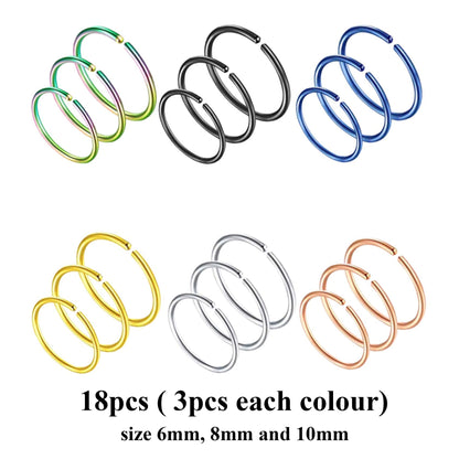 Titanium Nose Ring Hoop, Hoop Earrings - Nose Piercing 20g, 18g - Value Pack of 6 / 12 / 18 pieces - In Various Colors