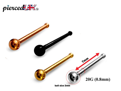 Nose Bone Stud, Nose Ring - Nose Pin Round - Nose Piercing Size 20G (0.8mm) - Available in Black, Gold, Silver and Rose Gold Colour