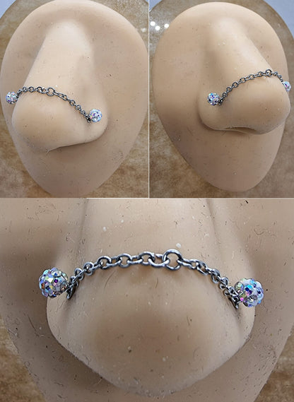 Titanium Nose Chain, Nostril Chain - Nasallang Piercing  with Disco Ball Crystal - Nose Piercing, Nose Bridge Chain, Nostril Jewellery