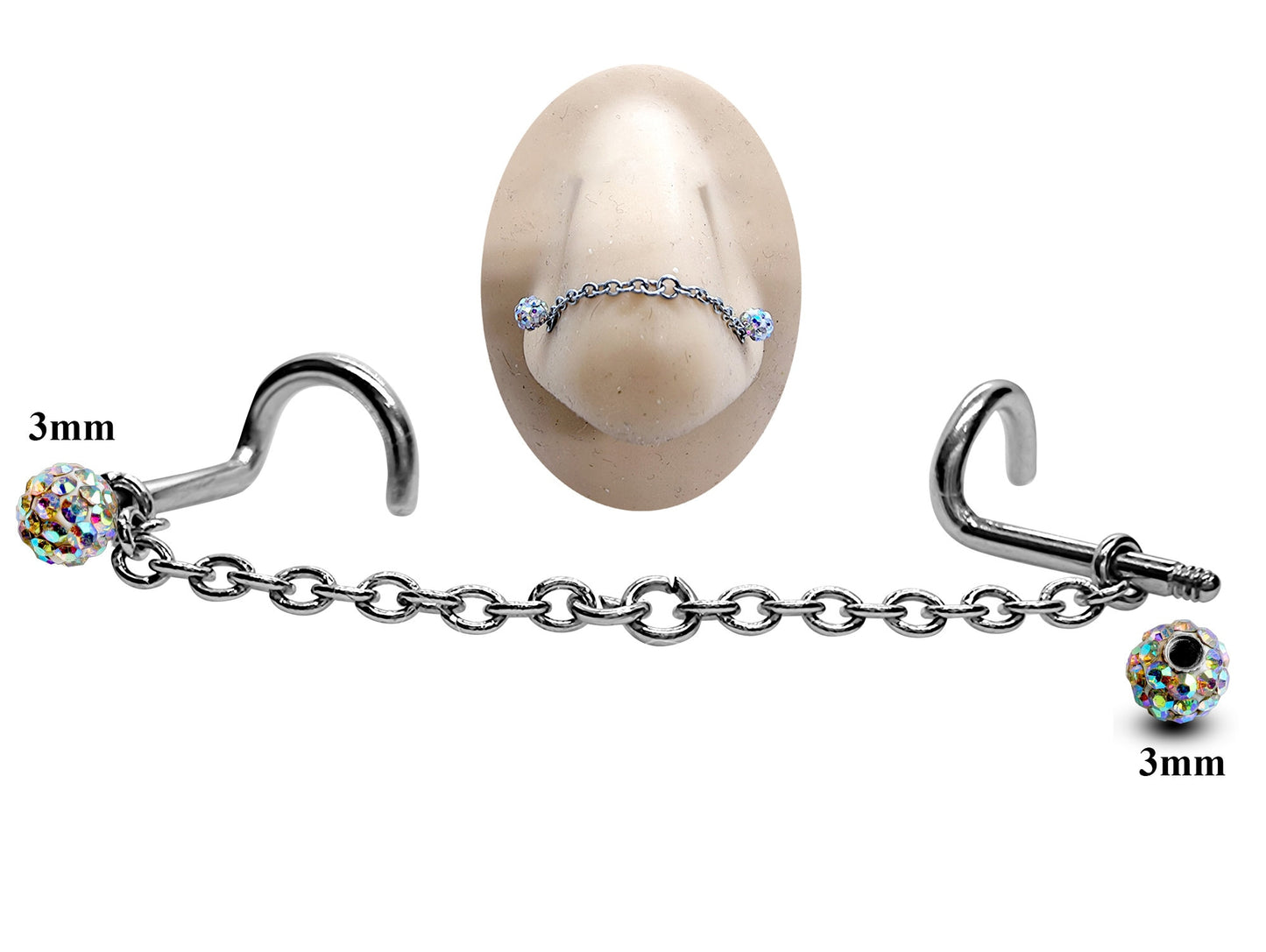 Titanium Nose Chain, Nostril Chain - Nasallang Piercing  with Disco Ball Crystal - Nose Piercing, Nose Bridge Chain, Nostril Jewellery