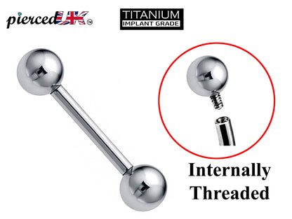 Titanium Barbell Industrial Piercing Earrings, Internally Threaded – 16g, 14g (1.2 & 1.6mm) – Piercing for Tongue, Nipple, Tragus, Helix