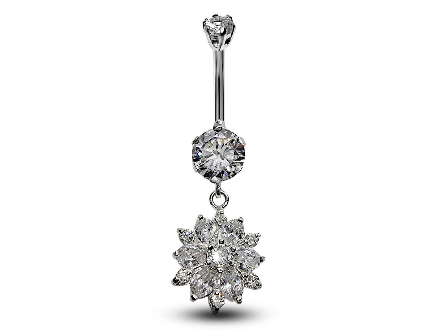 Silver Belly Button Ring, Belly Bars- Dangle drop Flower Belly Ring with High Quality Crystals - Navel Ring - 16g (1.6mm) Length is 10mm