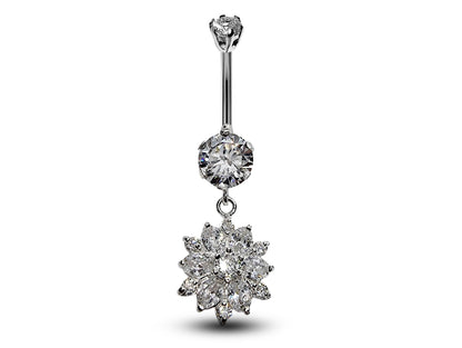 Silver Belly Button Ring, Belly Bars- Dangle drop Flower Belly Ring with High Quality Crystals - Navel Ring - 16g (1.6mm) Length is 10mm