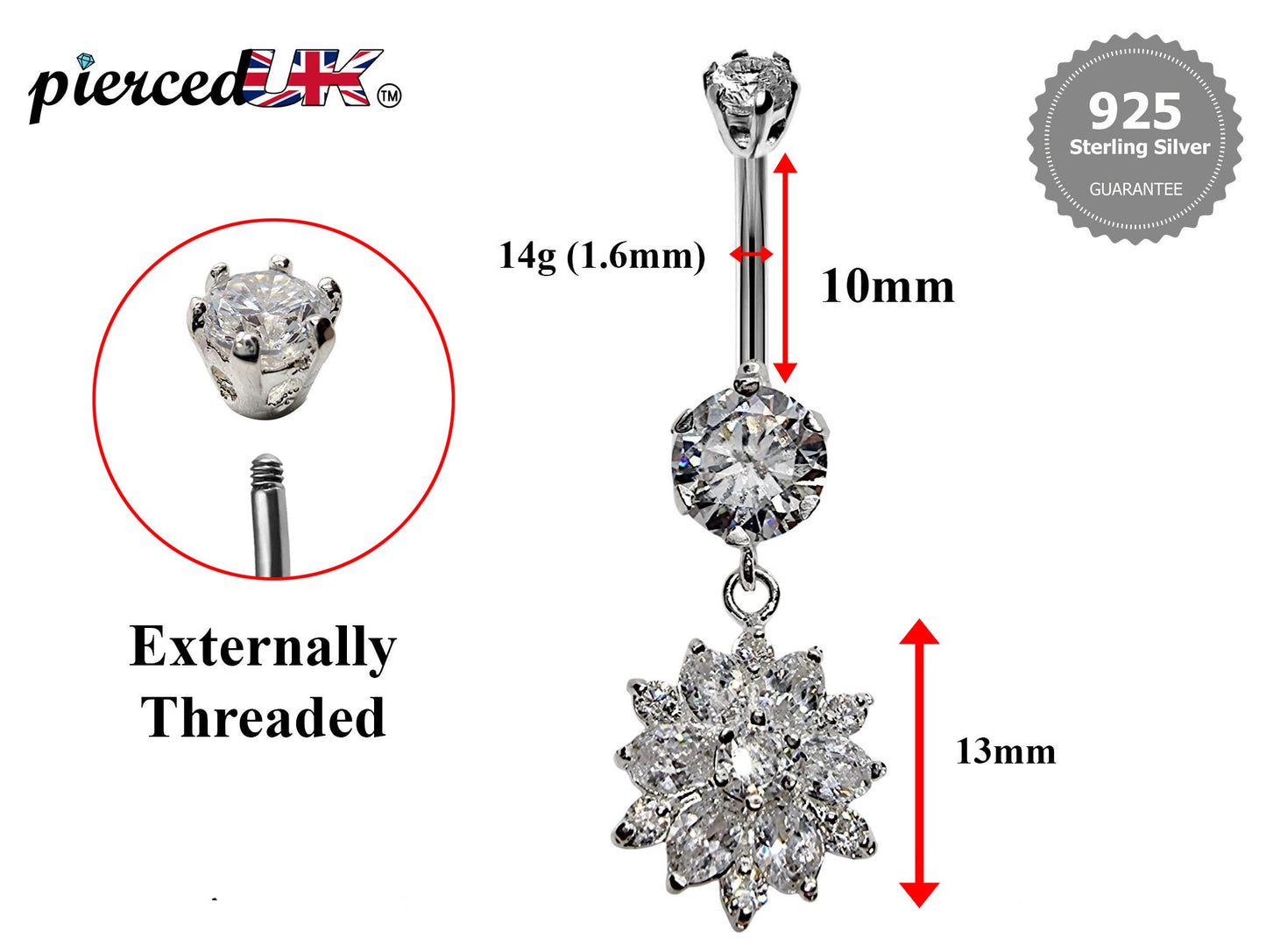 Silver Belly Button Ring, Belly Bars- Dangle drop Flower Belly Ring with High Quality Crystals - Navel Ring - 16g (1.6mm) Length is 10mm