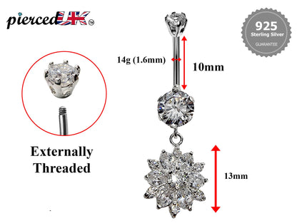 Silver Belly Button Ring, Belly Bars- Dangle drop Flower Belly Ring with High Quality Crystals - Navel Ring - 16g (1.6mm) Length is 10mm