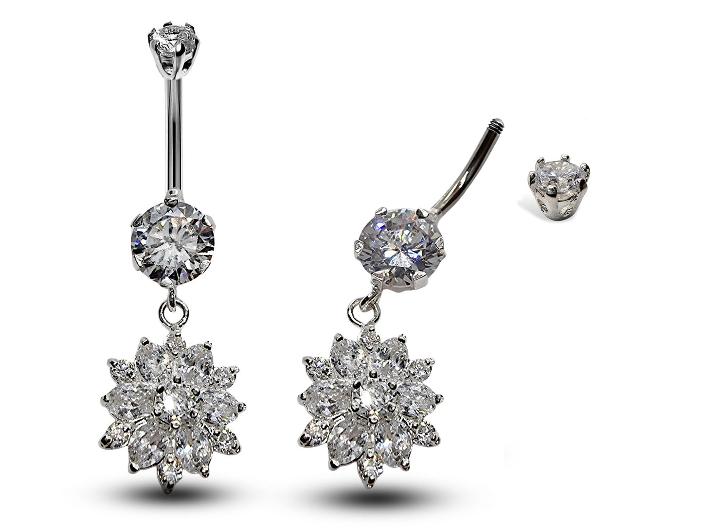 Silver Belly Button Ring, Belly Bars- Dangle drop Flower Belly Ring with High Quality Crystals - Navel Ring - 16g (1.6mm) Length is 10mm