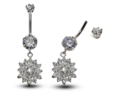 Silver Belly Button Ring, Belly Bars- Dangle drop Flower Belly Ring with High Quality Crystals - Navel Ring - 16g (1.6mm) Length is 10mm