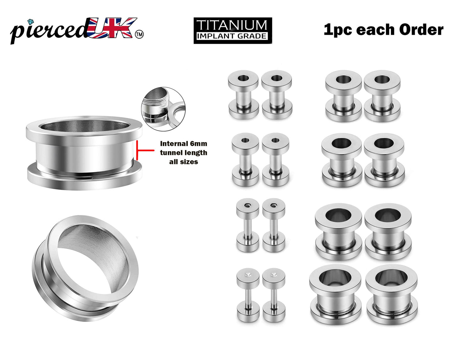 Ear Tunnel Plug, Tunnel Gauges 00g to 12g - Titanium Steel Flesh Earrings - Steel Tunnels Body Modification - Threaded Screw fit - 1 piece