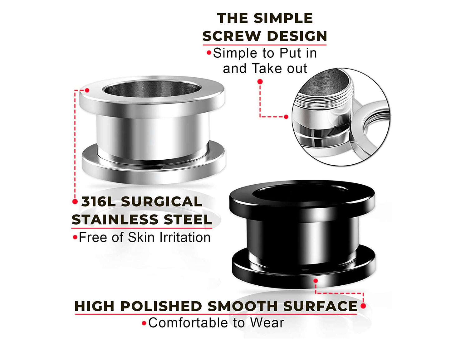 Ear Tunnel Plug, Tunnel Gauges 00g to 12g - Titanium Steel Flesh Earrings - Steel Tunnels Body Modification - Threaded Screw fit - 1 piece