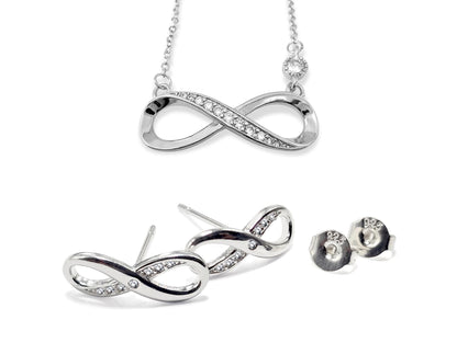 Silver Infinity Stud Earrings for Women with matching and Pendant Necklace with CZ Clear Stone Crystals - Timeless Jewelry - Eternal Symbol