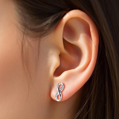 Silver Infinity Stud Earrings for Women with matching and Pendant Necklace with CZ Clear Stone Crystals - Timeless Jewelry - Eternal Symbol