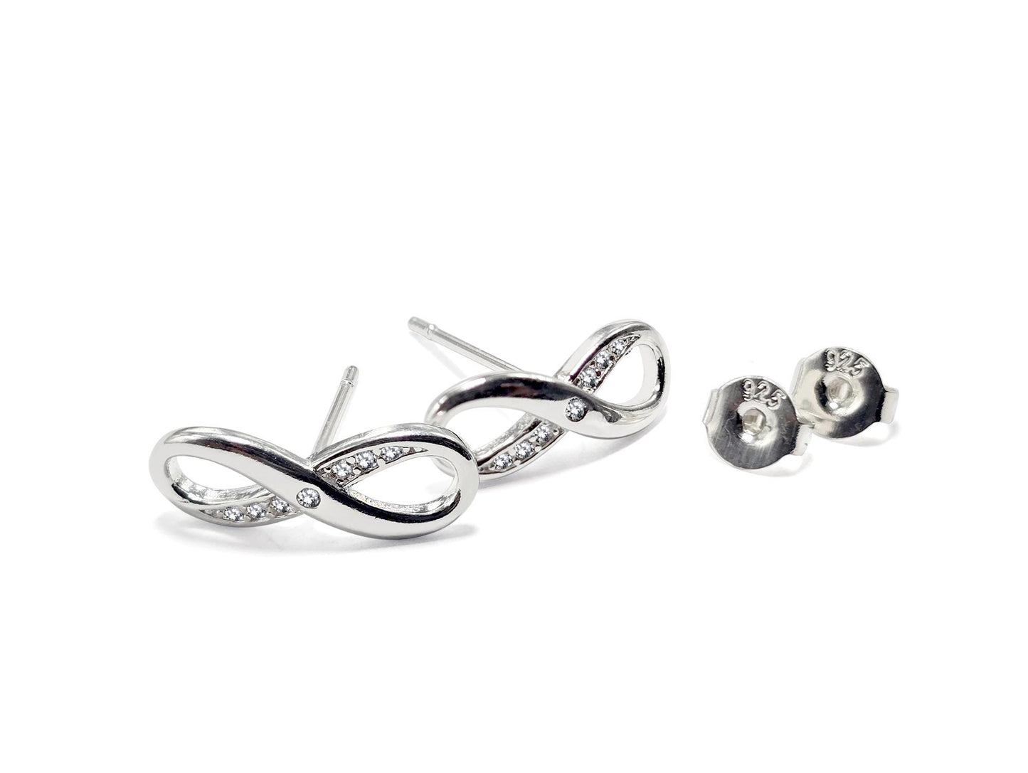 Silver Infinity Stud Earrings for Women with matching and Pendant Necklace with CZ Clear Stone Crystals - Timeless Jewelry - Eternal Symbol