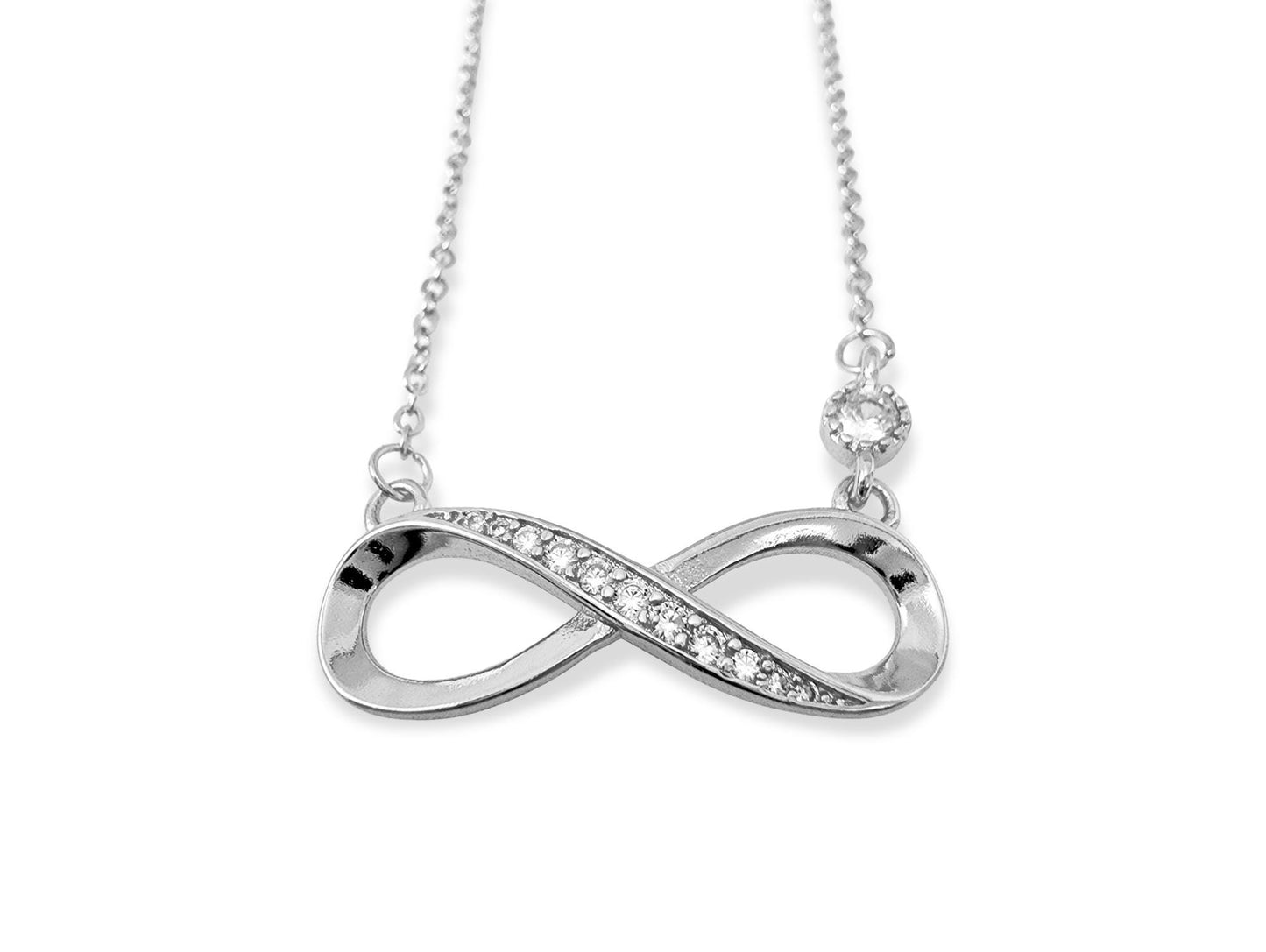 Silver Infinity Stud Earrings for Women with matching and Pendant Necklace with CZ Clear Stone Crystals - Timeless Jewelry - Eternal Symbol