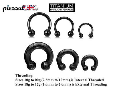 Black Horseshoe Earring - Titanium Septum Ring - 00G, 0G, 1G, 2G, 4G, 6G, 8G, 10G, 12G, 14G 16G, 18G - Size 6mm to 19mm