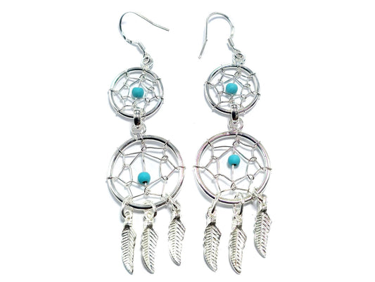 Dreamcatcher Silver Dangle Earrings with Genuine stone Beads Turquoise, Coral, Onyx, and Lapis - Handmade Jewellery