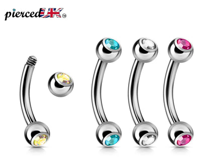 Curved Barbell, Barbell Piercing - Double Jeweled Bent Barbell - 18g 16g 14g - Piercing for belly ring, eyebrows, Ear, Tragus, Helix