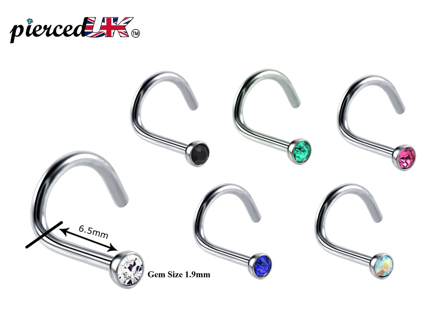 Nose Studs, Nose Ring - Nostril Screw Ring with Gem CZ Crystal  - Nose Piercing Size 18g (1.0mm)
