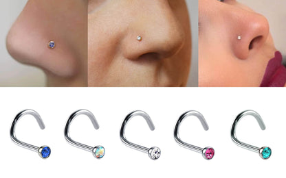 Nose Studs, Nose Ring - Nostril Screw Ring with Gem CZ Crystal  - Nose Piercing Size 18g (1.0mm)