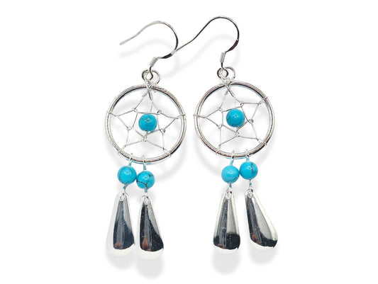 Handmade Silver Dreamcatcher Dangle Earrings with Genuine stone Beads Turquoise, Coral, Onyx and Lapis