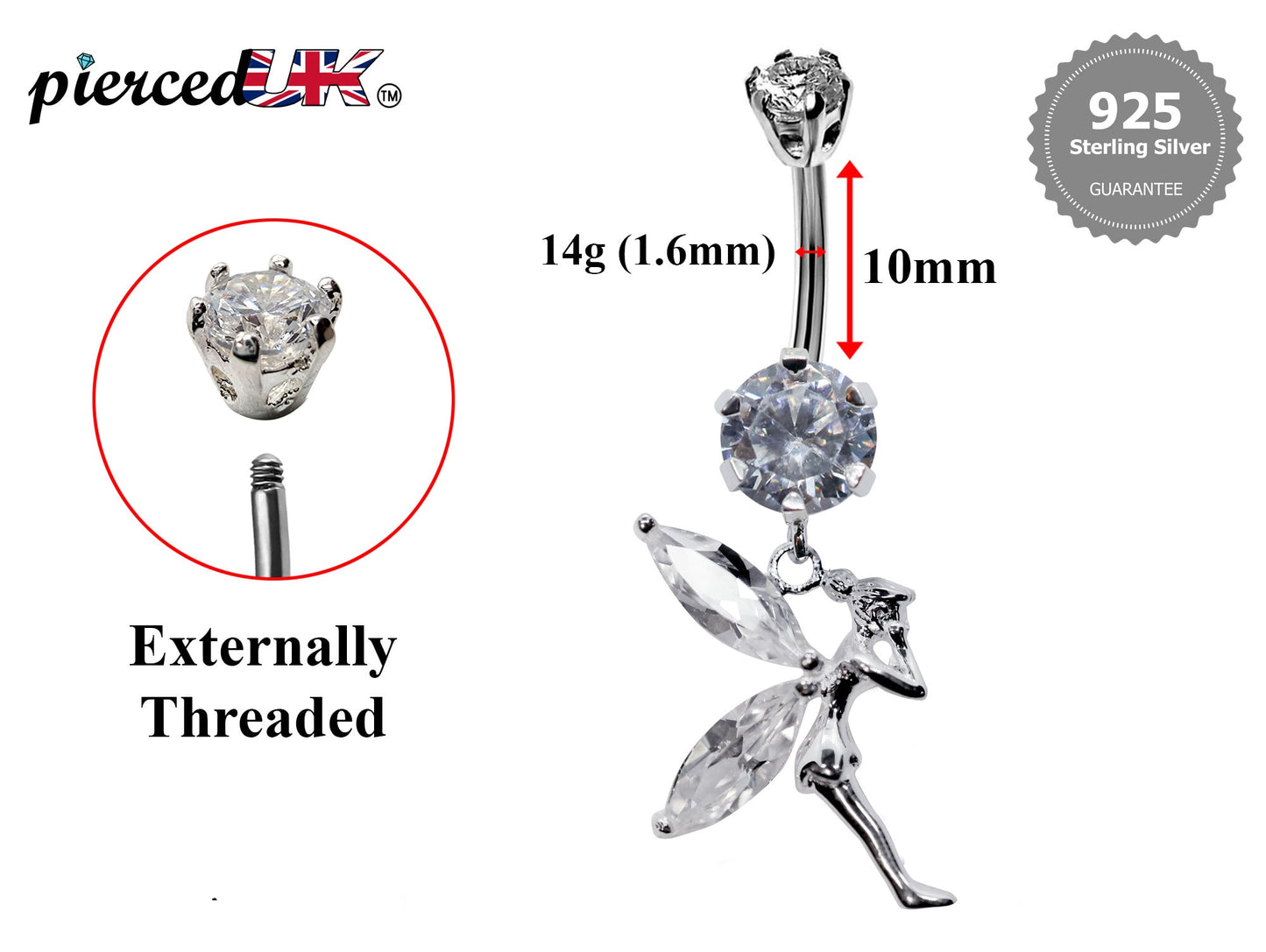 Silver Belly Button Piercing, Pixie Belly Bars - Fairy Belly Ring with Quality CZ Crystals - Navel Ring - 16g (1.6mm) Length is 10mm