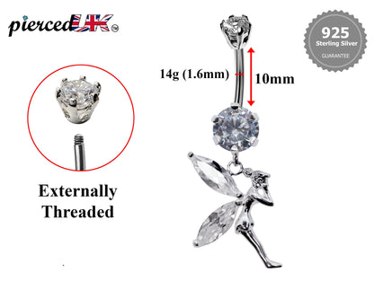Silver Belly Button Piercing, Pixie Belly Bars - Fairy Belly Ring with Quality CZ Crystals - Navel Ring - 16g (1.6mm) Length is 10mm