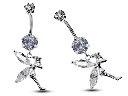 Silver Belly Button Piercing, Pixie Belly Bars - Fairy Belly Ring with Quality CZ Crystals - Navel Ring - 16g (1.6mm) Length is 10mm