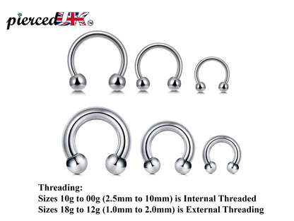 Horseshoe Nose Ring, Circular Barbell Piercing- Horseshoe Septum - 00G, 0G, 1G, 2G, 4G, 6G, 8G, 10G, 12G, 14G 16G, 18G - Sizes 6mm to 19mm