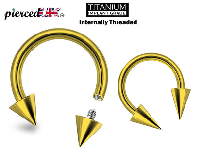 Titanium Cone/Spike Gold Horseshoe Barbell, Septum Ring - 16G 14G Internally Threading Septum Jewelry - Nose Piercing, Helix, PA ring