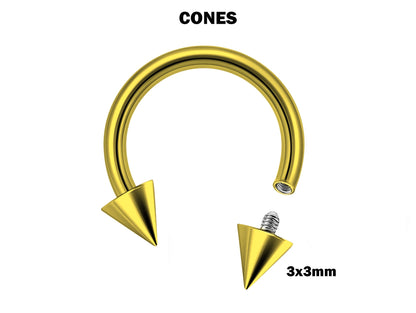 Titanium Cone/Spike Gold Horseshoe Barbell, Septum Ring - 16G 14G Internally Threading Septum Jewelry - Nose Piercing, Helix, PA ring