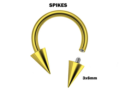 Titanium Cone/Spike Gold Horseshoe Barbell, Septum Ring - 16G 14G Internally Threading Septum Jewelry - Nose Piercing, Helix, PA ring