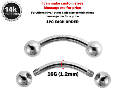 14K White Gold 16G Curved Barbell Piercing - 14K Gold Body Piercing for Eyebrow, Lip piercing, Rook Jewelry, Cartilage Bar