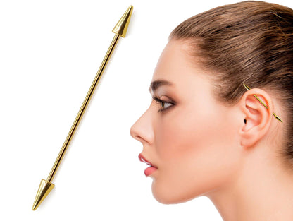 14G (1.6mm) | 14K Solid Gold Cone/Spike Industrial Barbell, Scaffold Piercing Body Jewellery