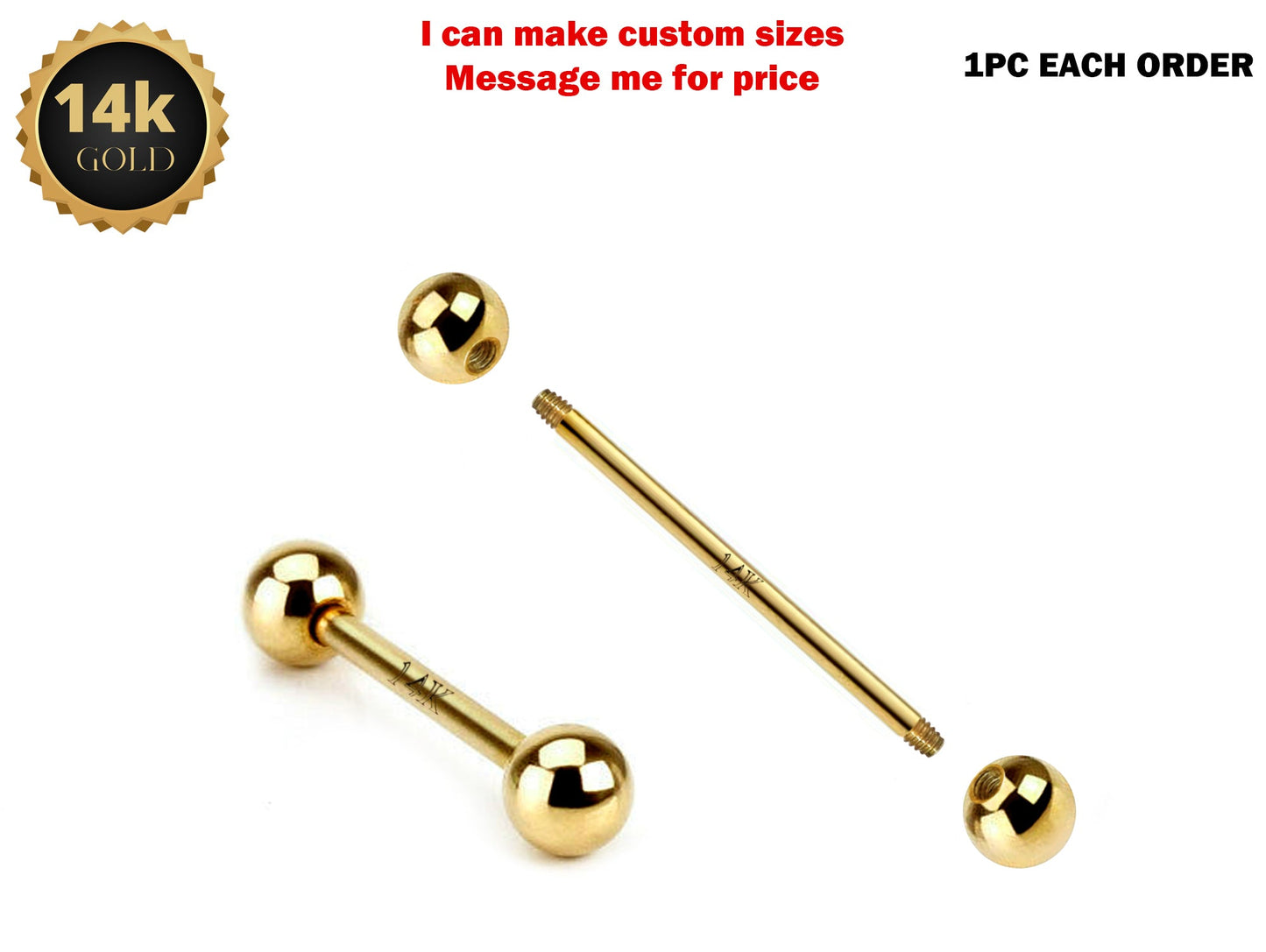 14G (1.6mm) | 14K Solid Gold Industrial Barbell, Scaffold Piercing Body Jewellery