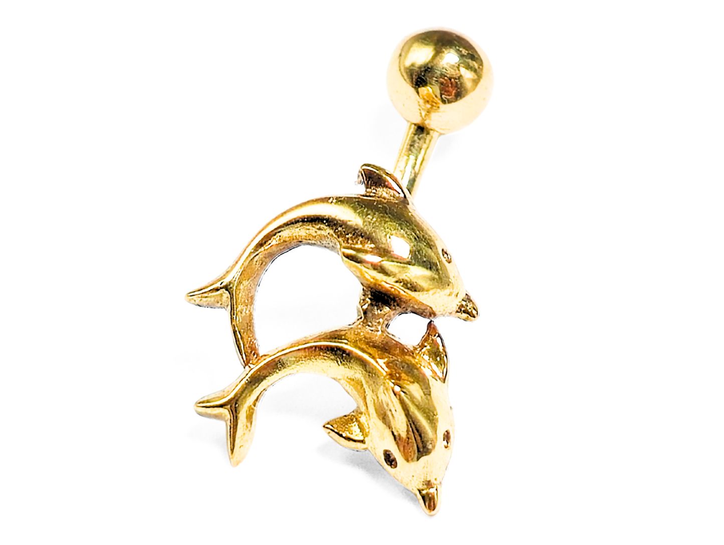 14K Gold Belly Bar, Button Ring - Two Dolphin Belly Bar, Belly Button Piercing, Navel Ring- 14G 10MM Hand Made Gold Body Jewellery