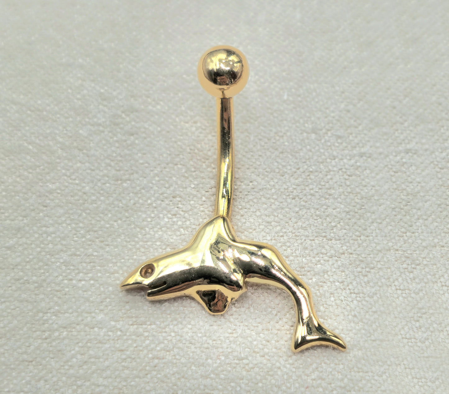 14K Gold Shark Belly Button Ring - Set and Hand Polished - Hand Made 14K Solid Gold Belly Bar for that very special Person