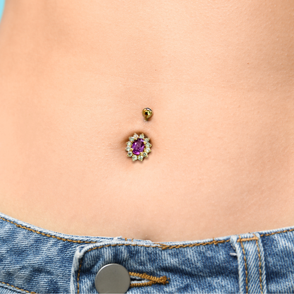14K Gold Belly Button Ring with real Tanzanite and Amethyst - Hand Set and Hand Polished - Solid Gold - Fine Jewellery Quality