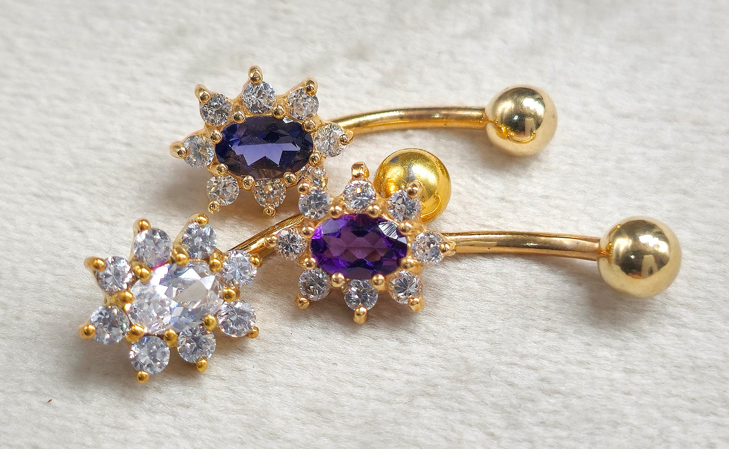 14K Gold Flower Belly Button Ring with Precious Stone Crystal Belly Ring - Belly Bar made of Fine Jewelry Hand Set and Hand Polished