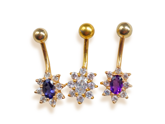 14K Gold Flower Belly Button Ring with Precious Stone Crystal Belly Ring - Belly Bar made of Fine Jewelry Hand Set and Hand Polished