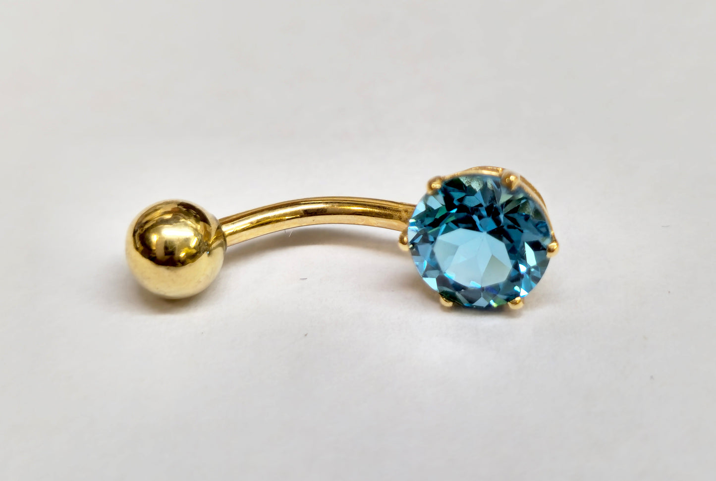 14K Solid Gold Belly Button Ring with Solitaire Prong Set Crystal Belly Ring - Solid Gold Belly Bar Fine Jewelry Hand Set and Polished