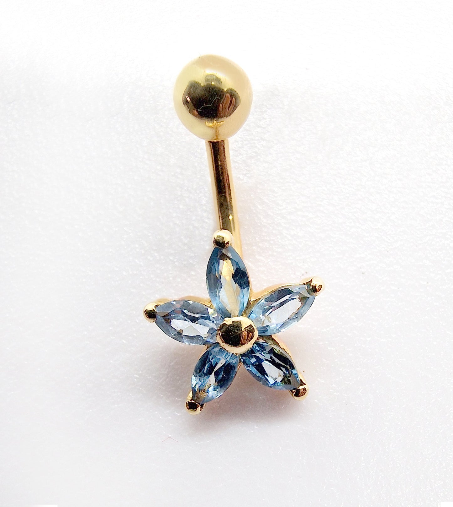 14K Gold Belly Bar - Solid Gold Belly Button Ring comes in a Star Shape Flower Crystal Belly Ring -  Fine Jewelry Hand Set and Hand Polished