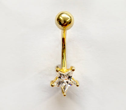 14K Solid Gold Belly Button Ring - Star Shape Crystal Belly Ring - Gold Belly Bar made of 14K Gold - Fine Jewelry Hand Set and Hand Polished