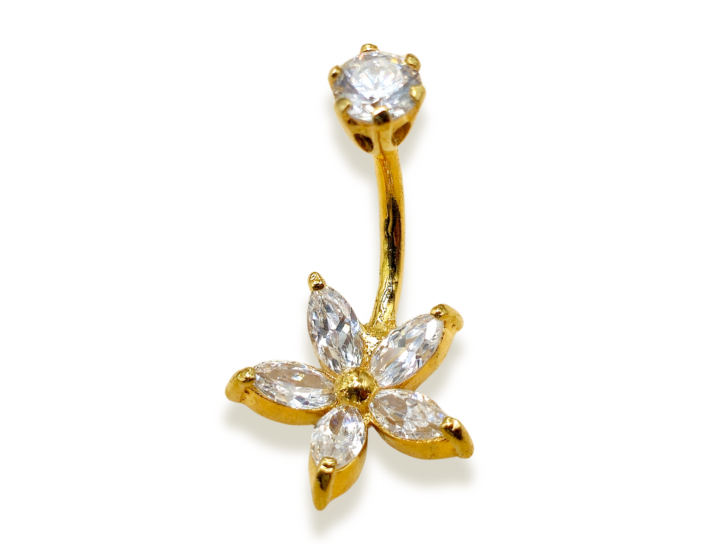 14K Solid Gold Flower Belly Bar, Button Ring, Top Crown with Gem Crystal Belly Button Rings, Navel Jewellery - Hand Made Body Jewellery