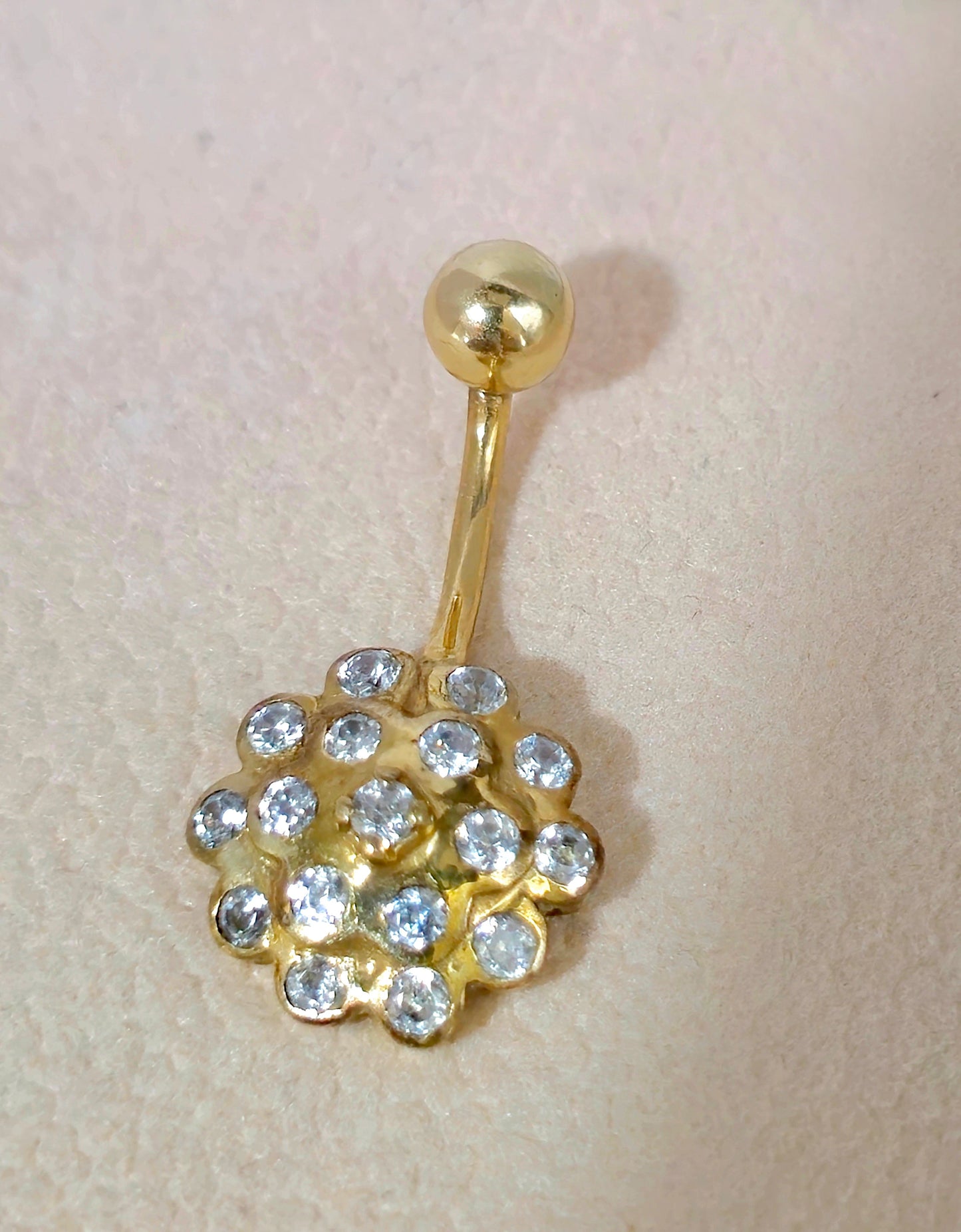 14K Solid Gold Belly Button Ring Flower - Studded with Crystal Belly Ring - Hand Made 14K Gold Belly Bar for that very special Person