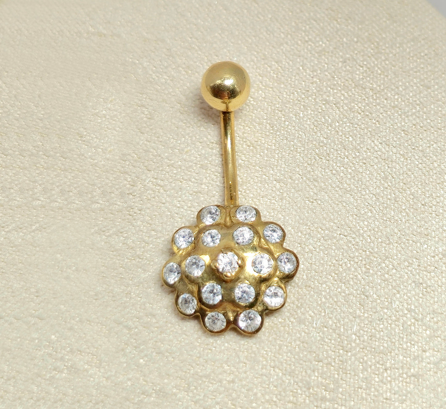 14K Solid Gold Belly Button Ring Flower - Studded with Crystal Belly Ring - Hand Made 14K Gold Belly Bar for that very special Person