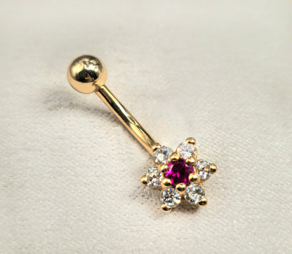 14K Solid Gold Belly Bar with Crystals - Gold Belly Button Ring - Hand Set Hand Polished - Hand made Gold Body Jewelry for someone special