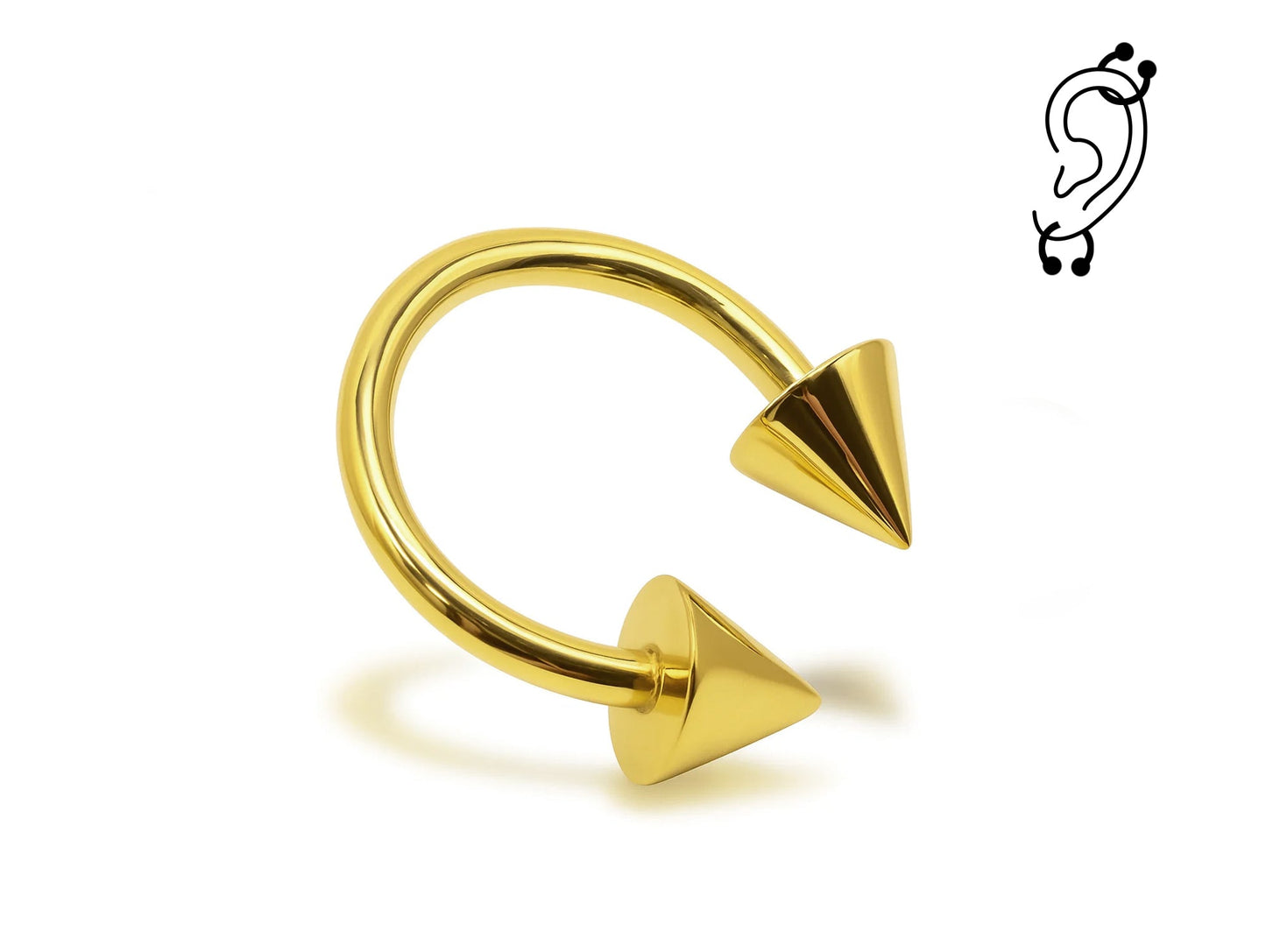 14K Solid Gold Cone/Spike Helix Cartilage Horseshoe Barbell 18G 16G Piercing for Tragus, Daith, Snug