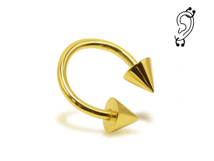 14K Solid Gold Cone/Spike Helix Cartilage Horseshoe Barbell 18G 16G Piercing for Tragus, Daith, Snug