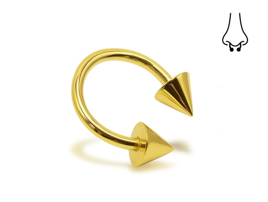 14K Solid Gold Cone/Spike Septum Nose Ring Horseshoe Barbell 16G 14G Piercing