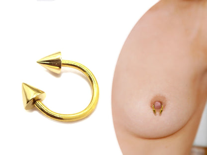 14K Solid Gold Nipple Bar Piercing with Cone/Spike - Horseshoe Barbell 16G 14G  - Nipple Rings Jewellery in Gold